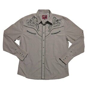 Rodeo Clothing Mens Large Western Shirt Pearl Snap Embroidered Yoke Tan Cowboy